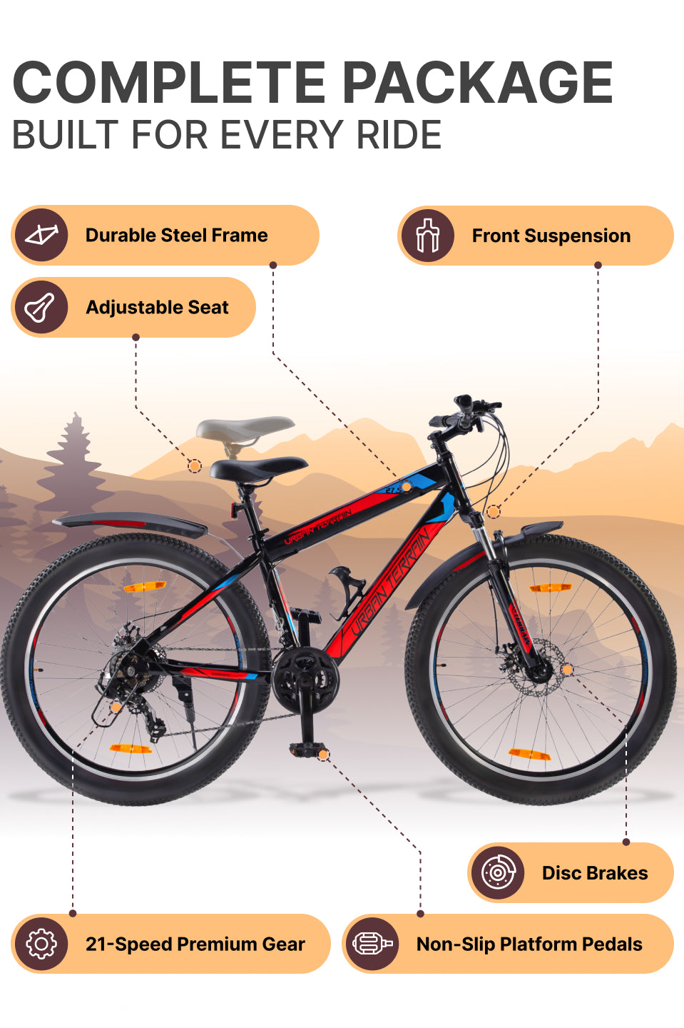 UT2000 Mountain Bike Steel 21 Speed Cycle Shimano Gear 27.5 inch Tyre, Red With Front Suspension, Double Wall Rim and Dual Disc Brakes Ideal For 5.2 ft to 6 ft