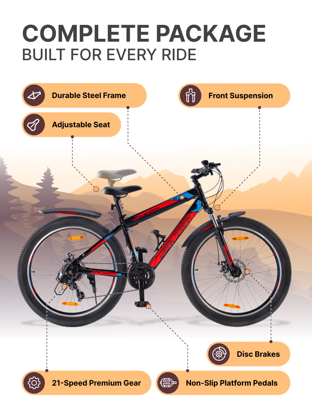 UT2000 Mountain Bike Steel 21 Speed Cycle Shimano Gear 27.5 inch Tyre, Red With Front Suspension, Double Wall Rim and Dual Disc Brakes Ideal For 5.2 ft to 6 ft