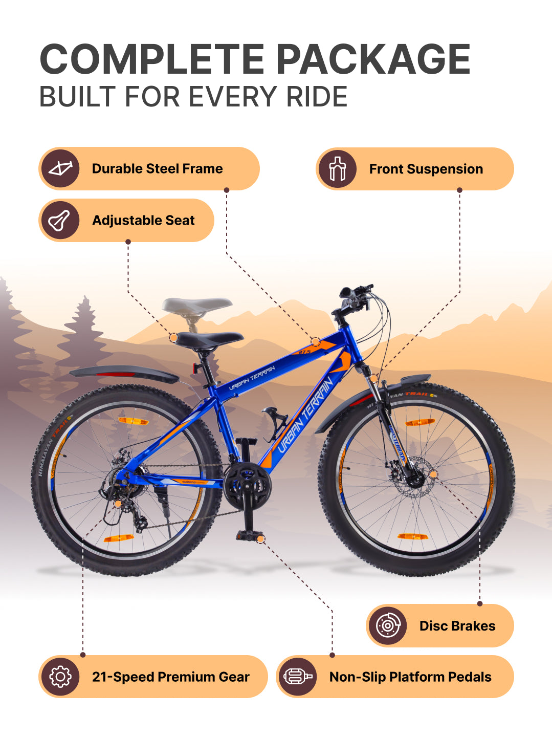 UT1001 Mountain Bike Steel 21 Speed Cycle Shimano Gear 27.5 inch Tyre, Blue With Front Suspension, Double Wall Rim and Dual Disc Brakes Ideal For 5.2 ft to 6 ft