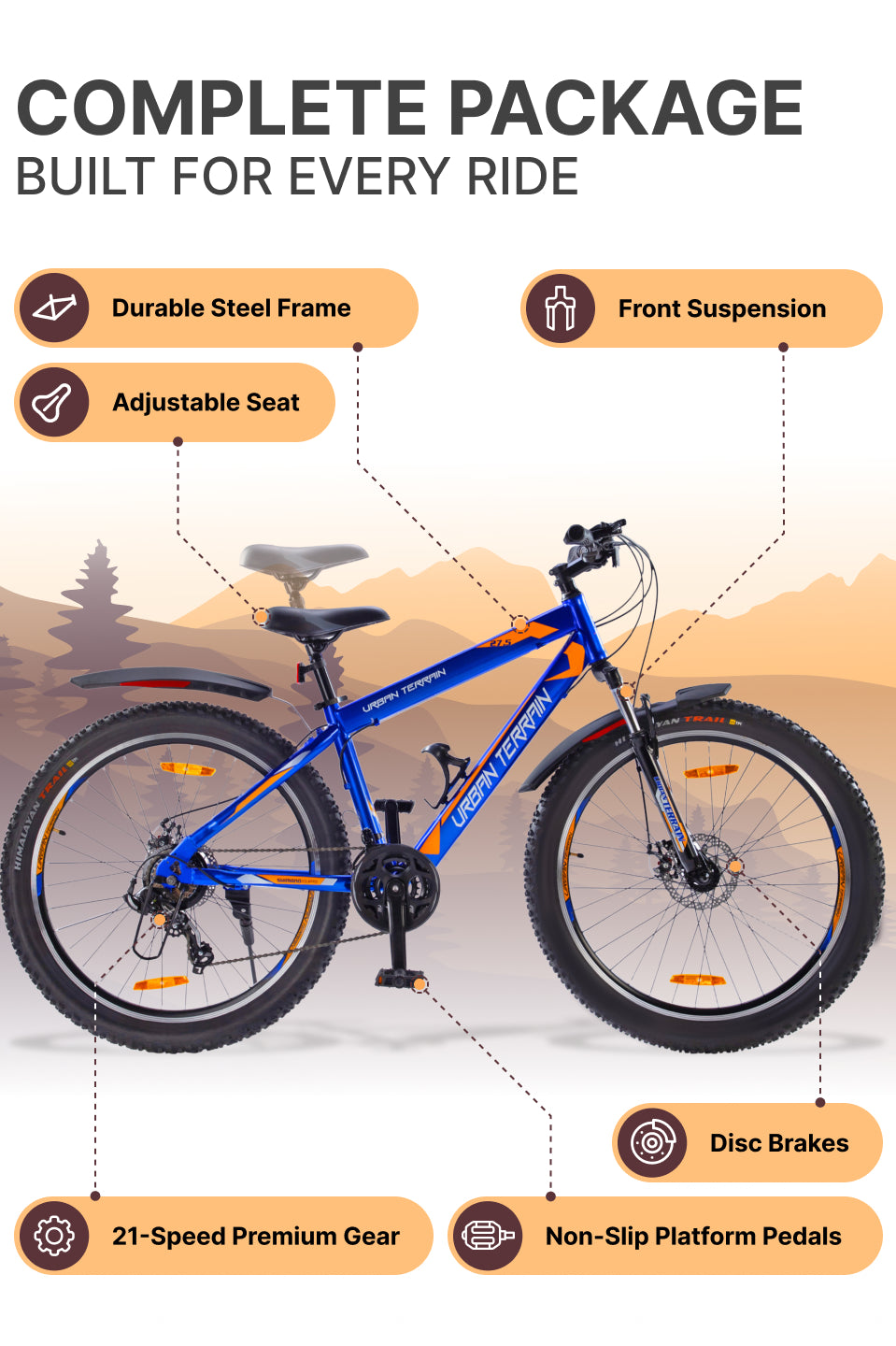 UT1001 Mountain Bike Steel 21 Speed Cycle Shimano Gear 27.5 inch Tyre, Blue With Front Suspension, Double Wall Rim and Dual Disc Brakes Ideal For 5.2 ft to 6 ft