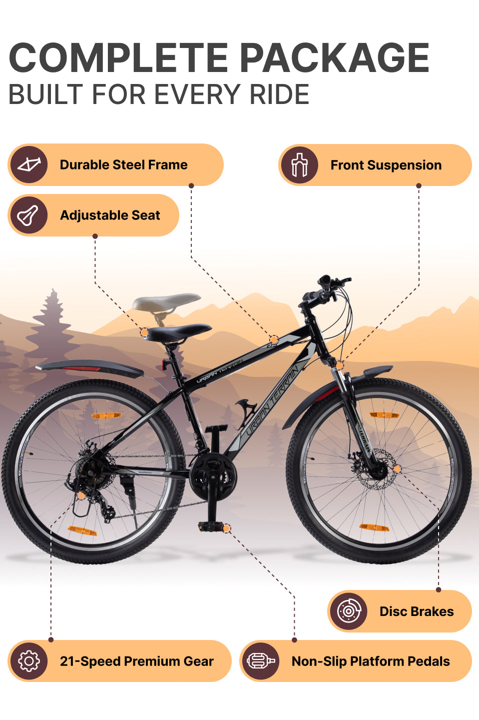 UT1000 Mountain Bike Steel 21 Speed Cycle Shimano Gear 27.5 inch Tyre, Black With Front Suspension, Double Wall Rim and Dual Disc Brakes Ideal For 5.2 ft to 6 ft
