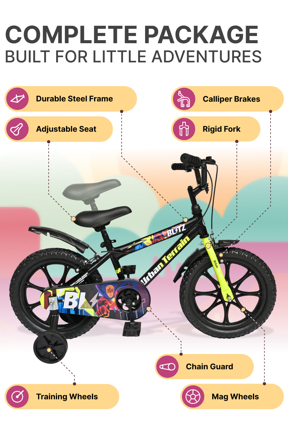 Urban Terrain Blitz Cycles 16T for Boys/Girls Kids Ages 4 to 6 Comes with Training Wheels (Black, Green)