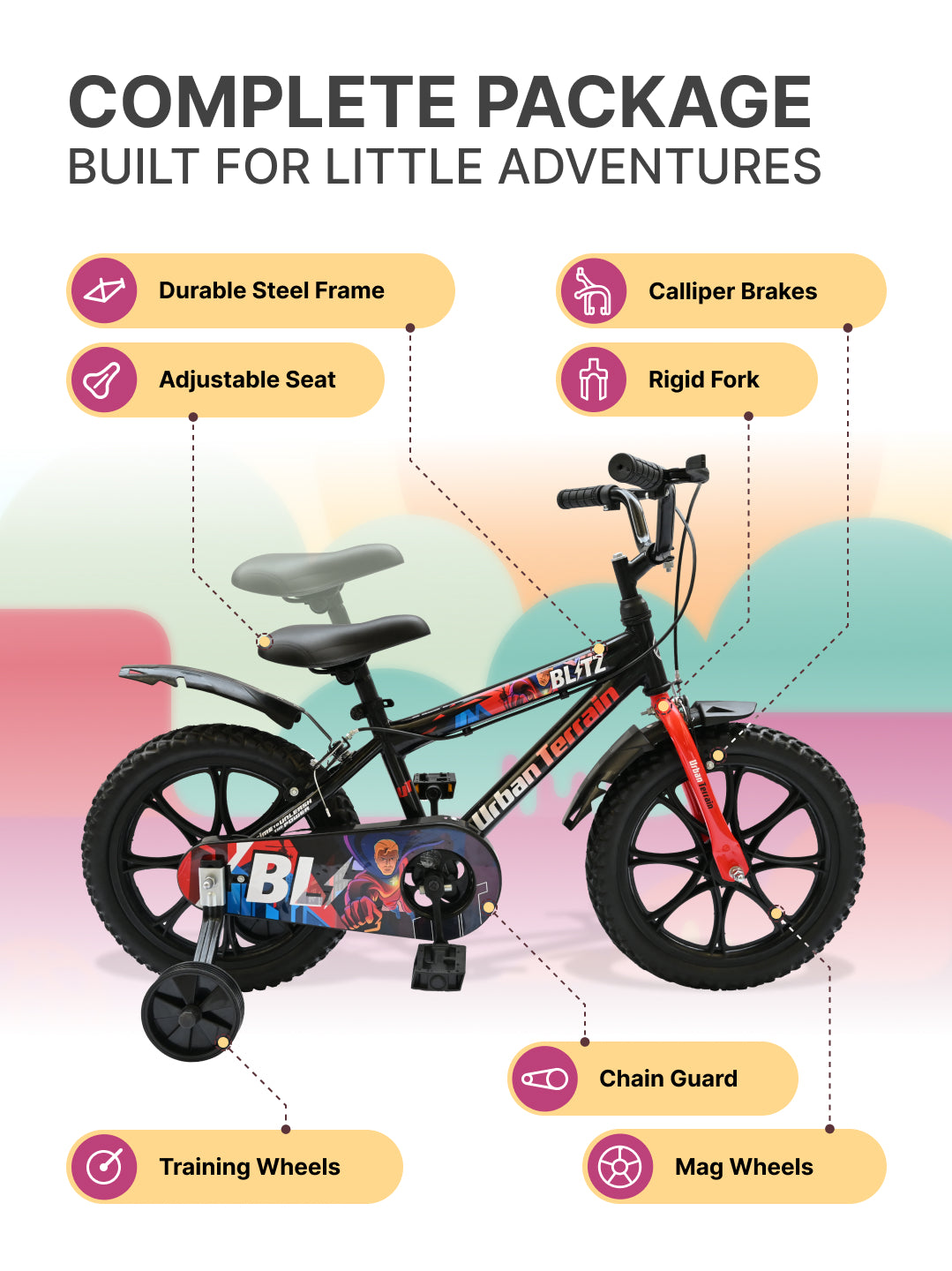 Urban Terrain Blitz Cycles 16T for Boys/Girls Kids Ages 4 to 6 Comes with Training Wheels (Black, Red)