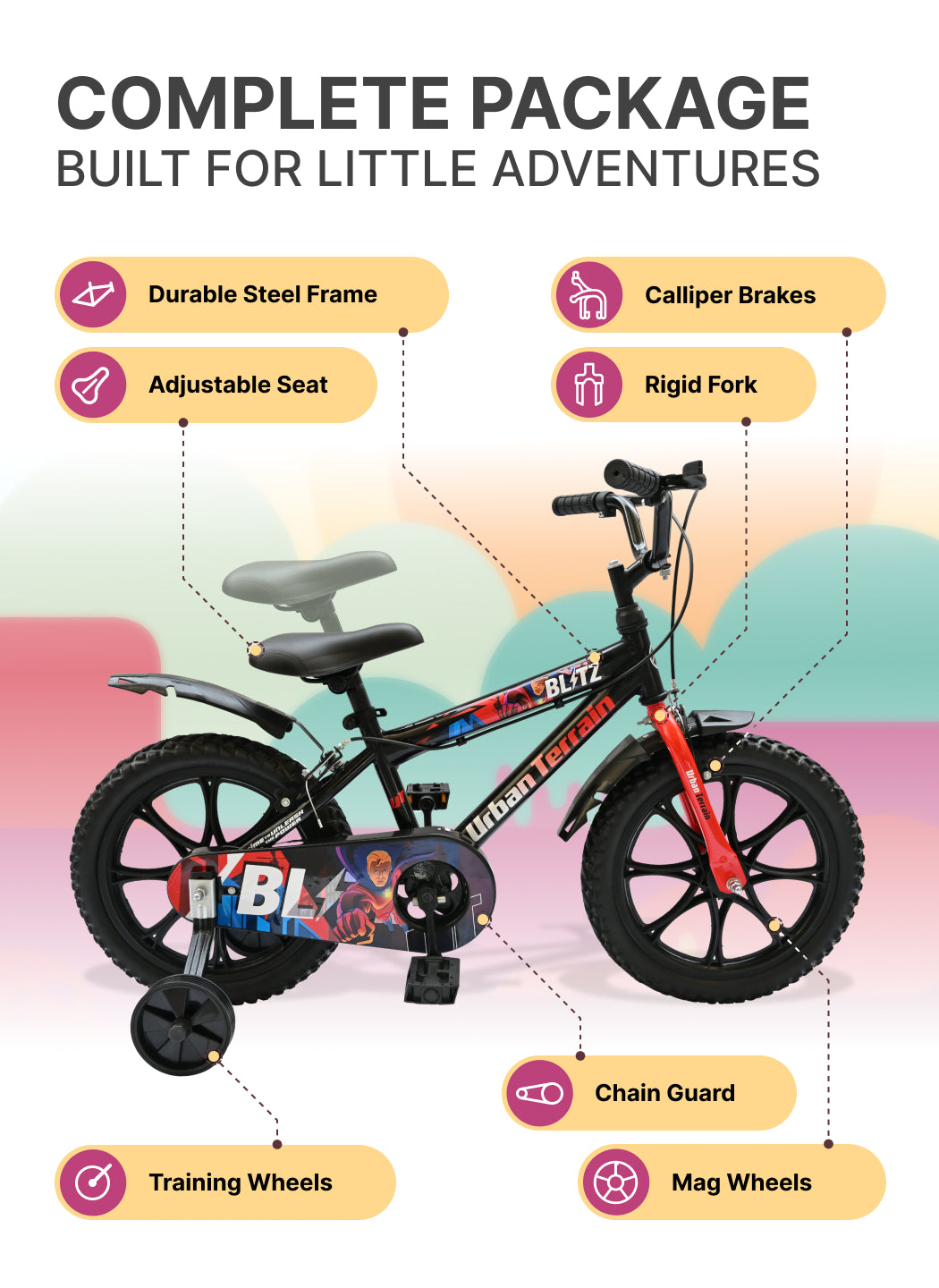 Urban Terrain Blitz Cycles 16T for Boys/Girls Kids Ages 4 to 6 Comes with Training Wheels (Black, Red)