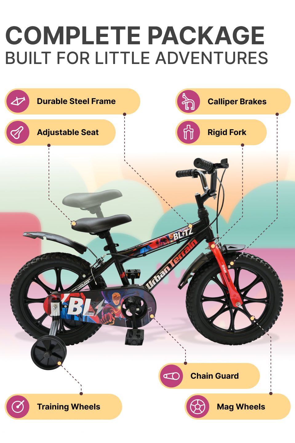 Urban Terrain Blitz Cycles 16T for Boys/Girls Kids Ages 4 to 6 Comes with Training Wheels (Black, Red)