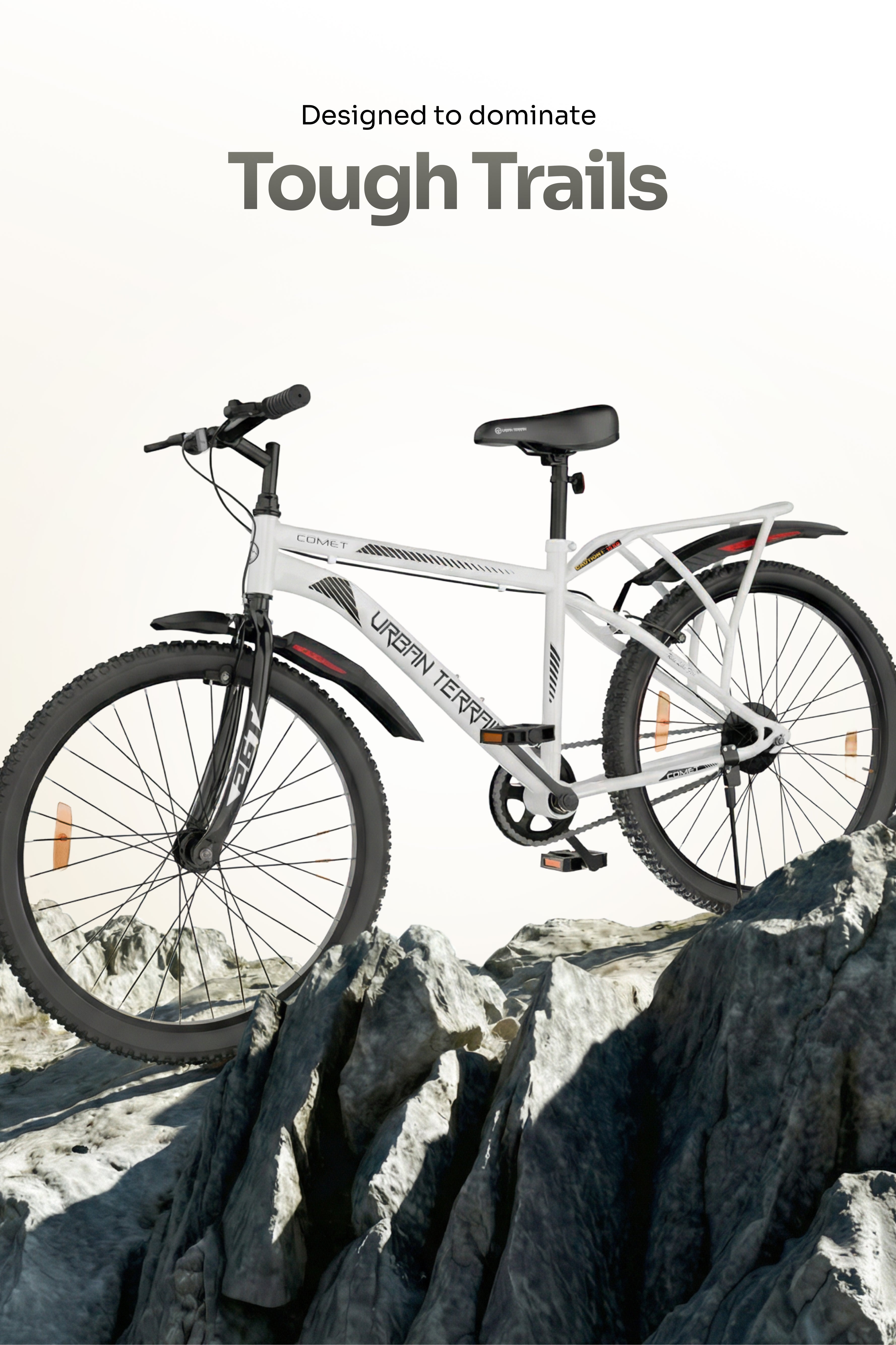 Urban Terrain Comet 26T Single Speed Steel Mountain Bike with Inbuilt Carrier (White)