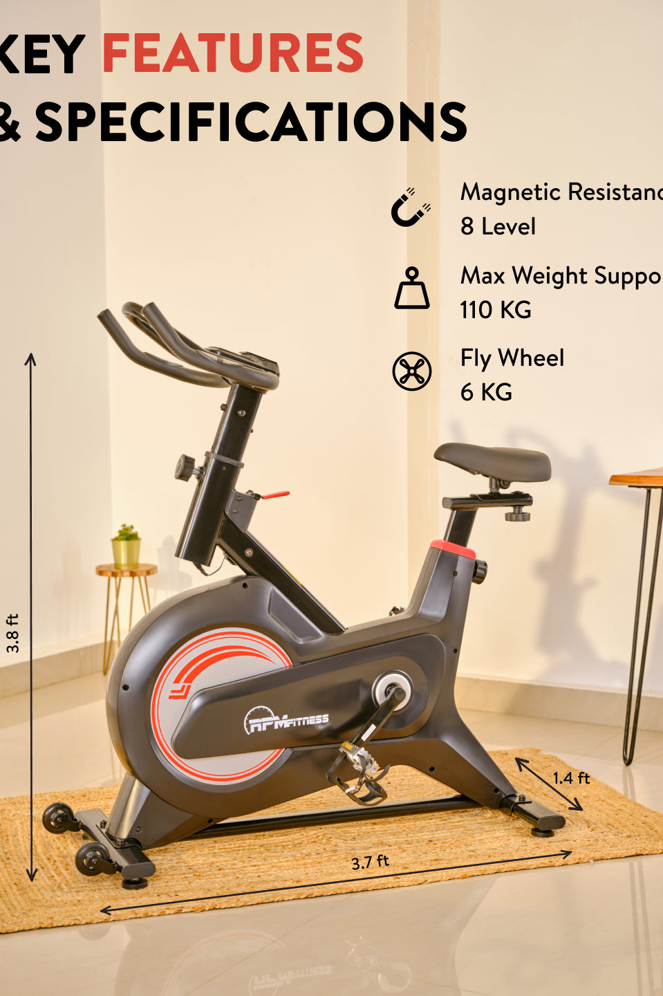 RPM600 NoiseFree Spinbike | 6kg Flywheel | Max Weight 110kg | 8 Level Magnetic Resistance | Black & White (with 6 months extended warranty)