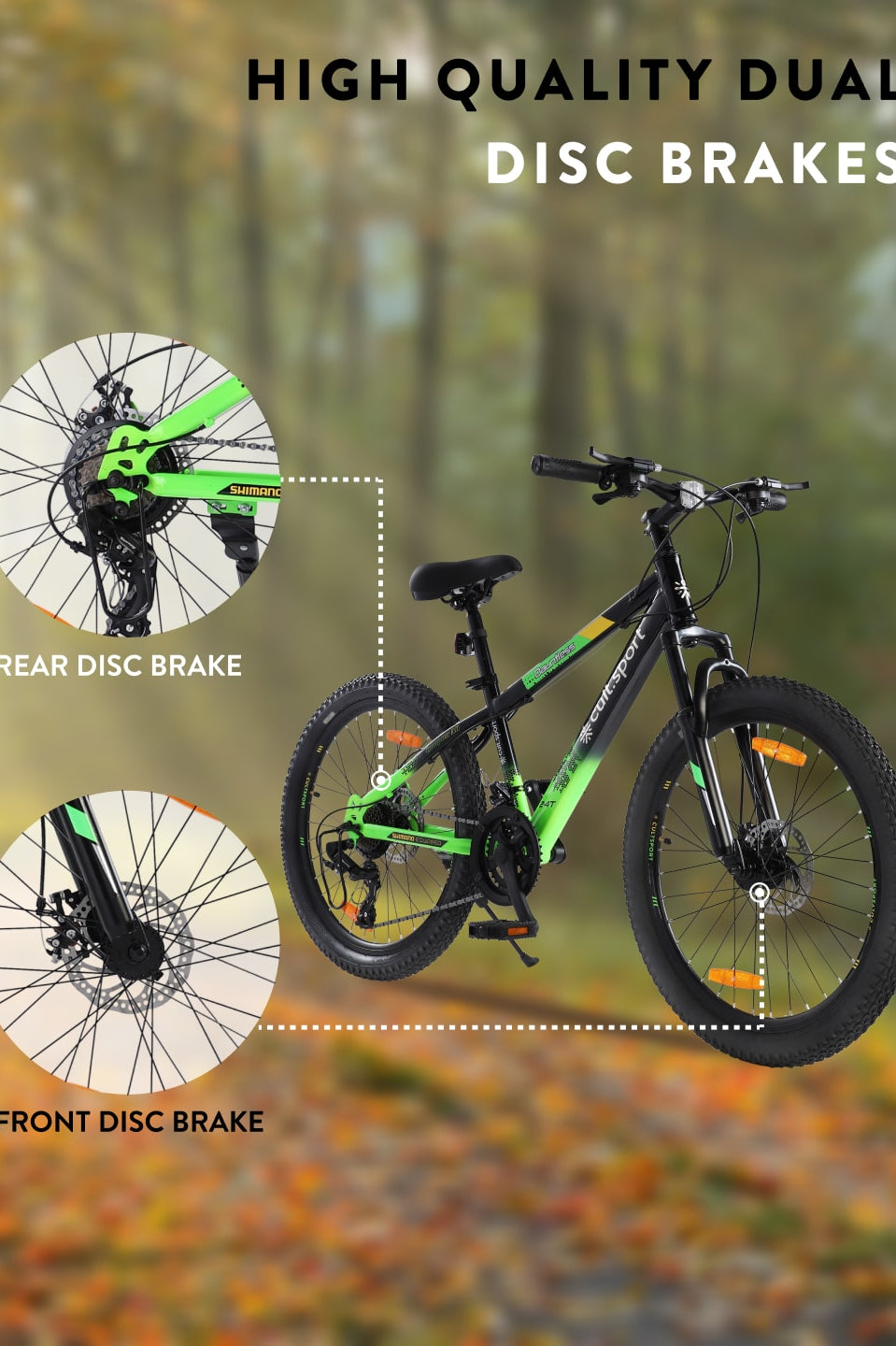 DAUNTLESS21S24TBLACKGREEN Steel 21 Speed Shimano Gear 24 inch Mountain Cycle, Dual Disc Brake, Front Suspension, Double Wall Rim