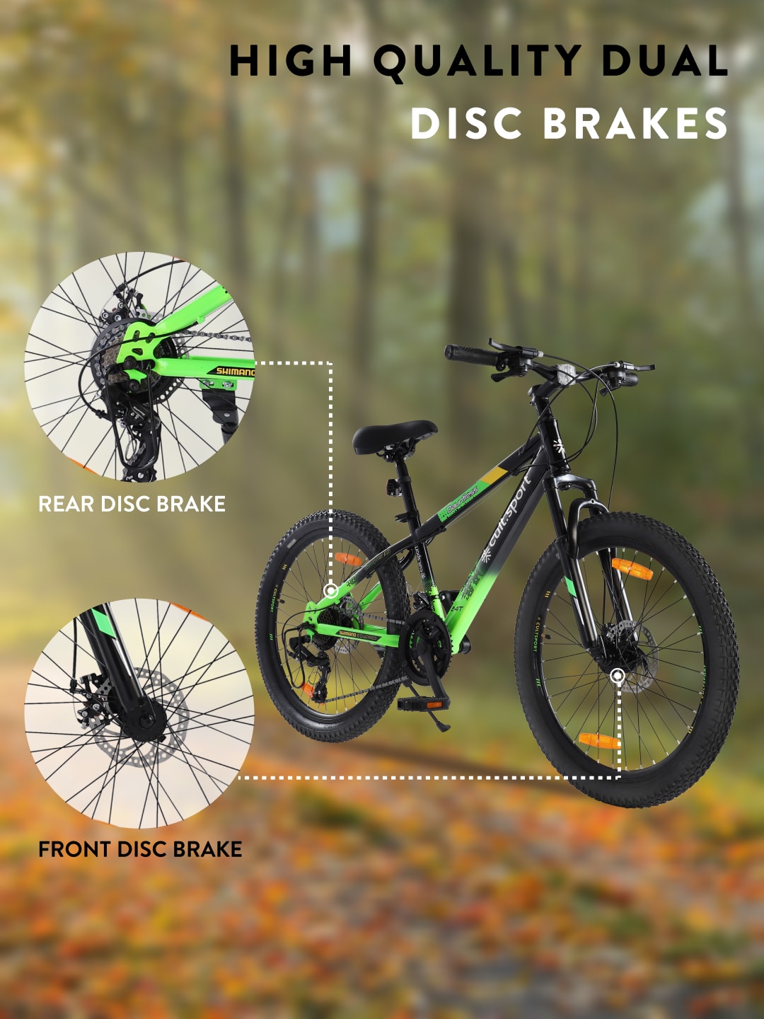 DAUNTLESS21S24TBLACKGREEN Steel 21 Speed Shimano Gear 24 inch Mountain Cycle, Dual Disc Brake, Front Suspension, Double Wall Rim