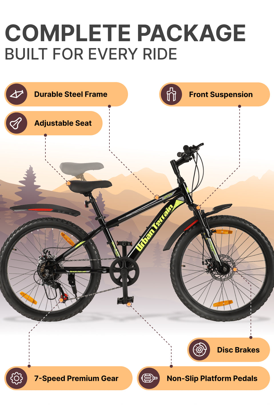 Galaxy Max Mountain Bike Steel 7 Speed Cycle 24 inch Tyre, Black With Front Suspension, Single Wall Rim and Dual Disc Brakes Ideal For 4.5 ft to 5.3 ft