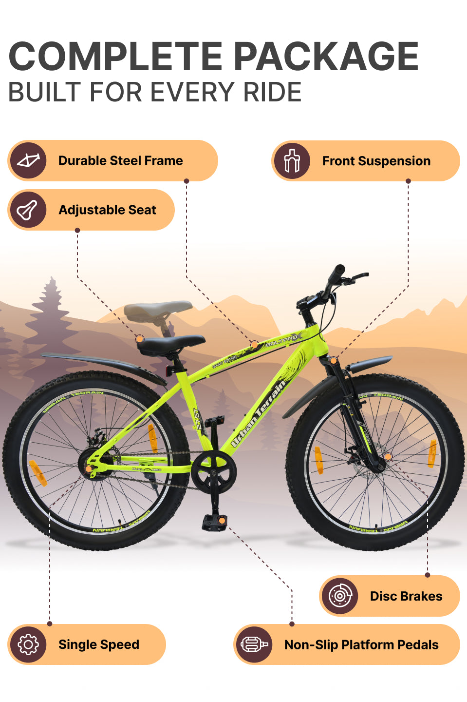 Bolt Pro Mountain Bike Steel Single Speed Cycle 27.5 inch Tyre with Dual Disc Brakes, Front Suspension, Double Wall Alloy Rim, Green