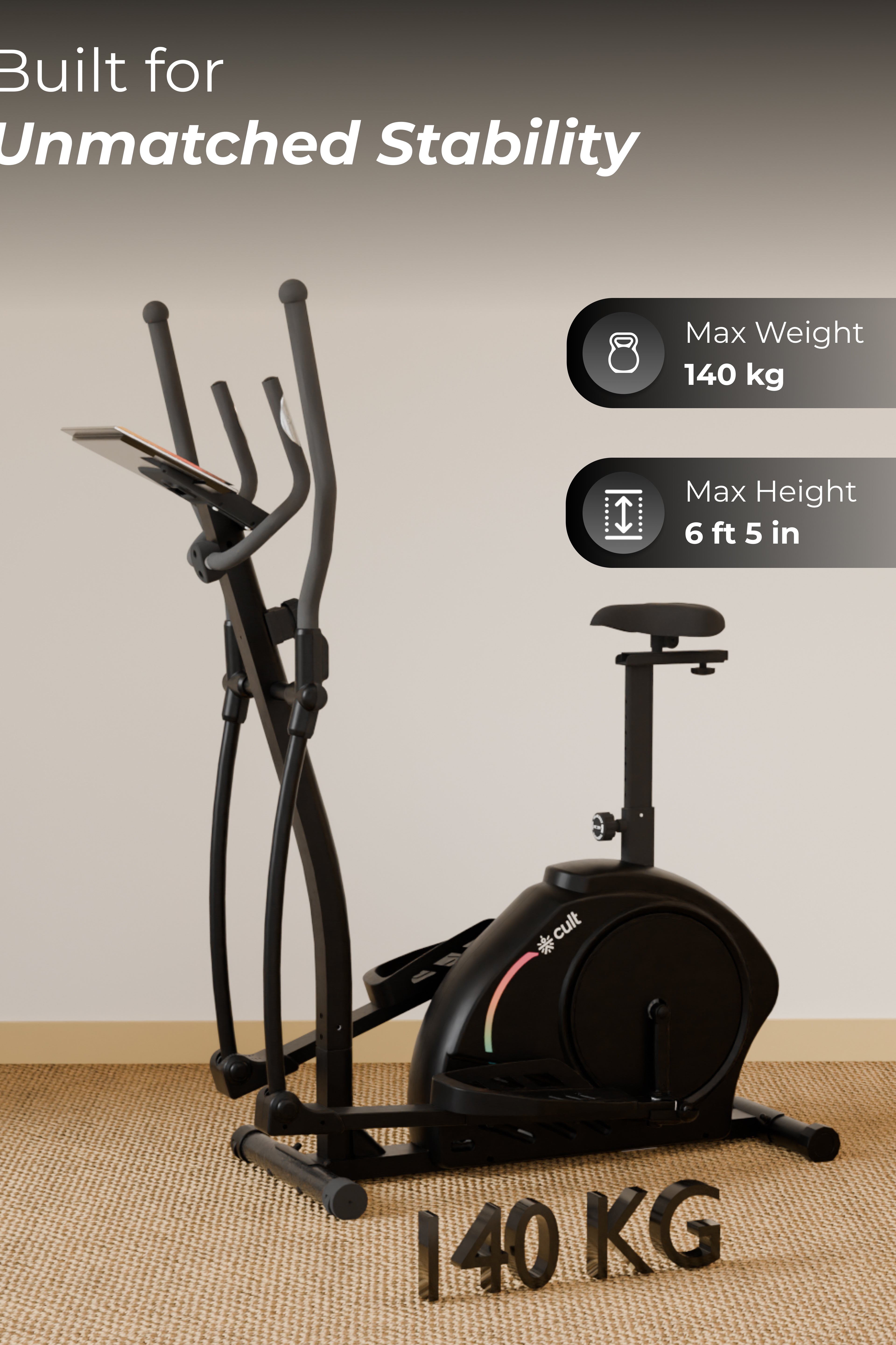 Cult SmartCrossPrime Magnetic Elliptical Trainer | 6Kg Flywheel | Max Weight: 140Kg | Home Use Cross Trainer - Black