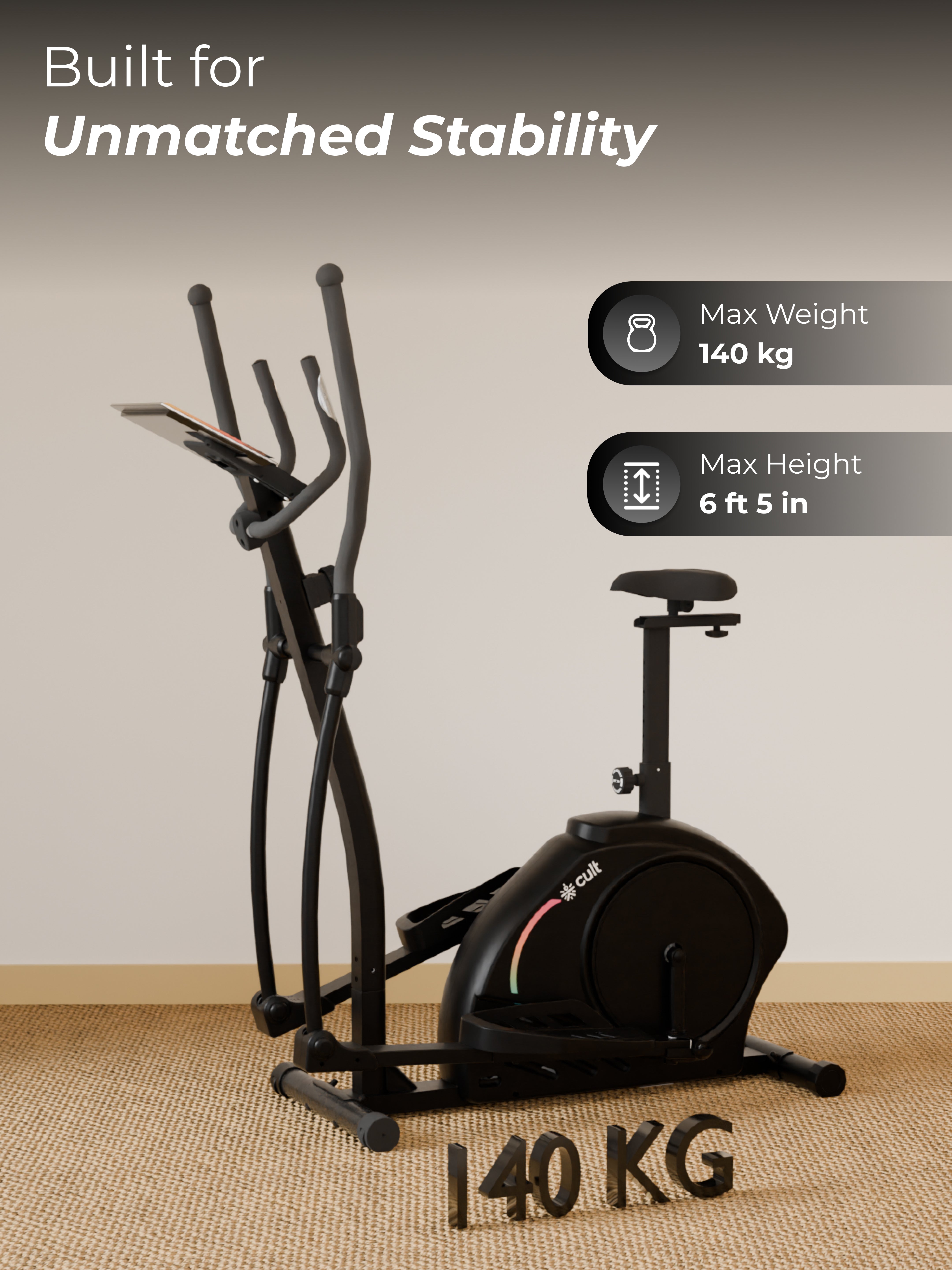 Cult SmartCrossPrime Magnetic Elliptical Trainer | 6Kg Flywheel | Max Weight: 140Kg | Home Use Cross Trainer - Black