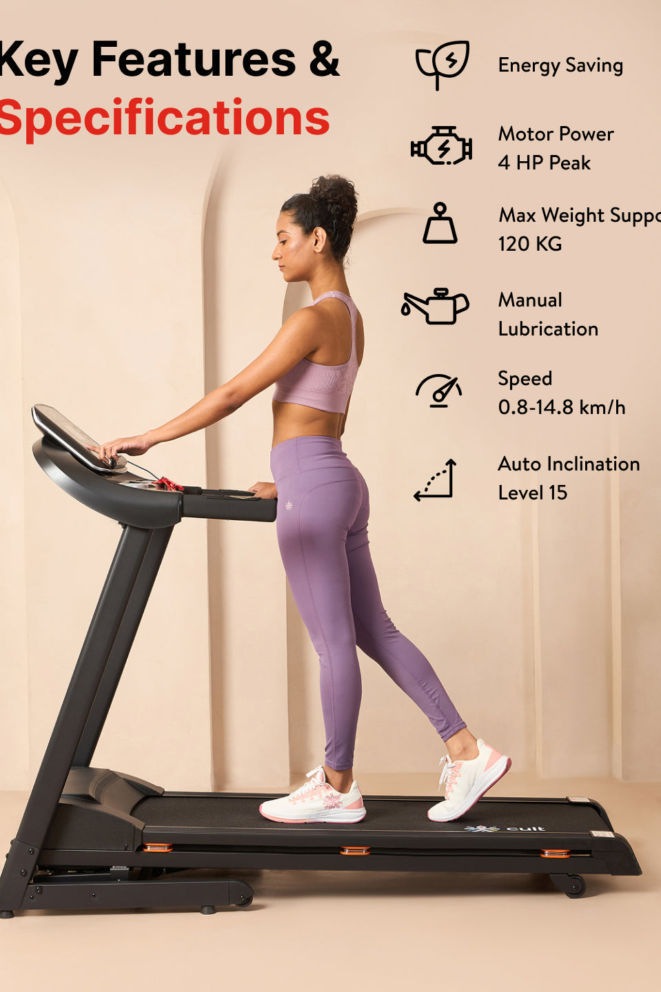 Cultrun S4 4HP Peak Treadmill | 15-level Auto-Incline | Max Weight-120kg | Max Speed-14.8kmph (with 6 months extended warranty)