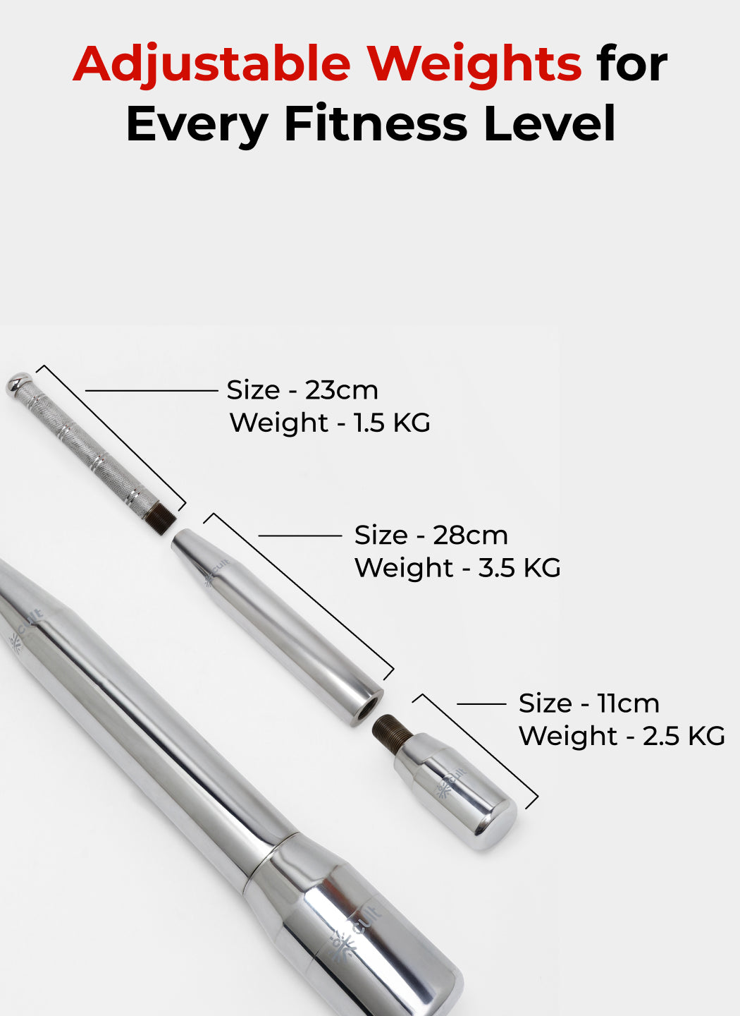 Cult 3-in-1 Adjustable Steel 7.5KG Mudgar for Full Body Training | Silver Indian Clubs (7.5 kg)