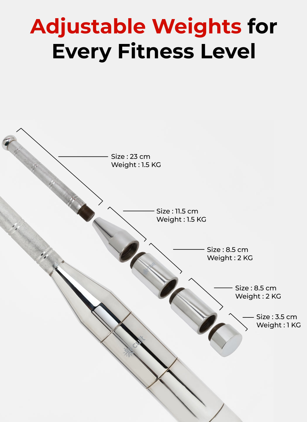 Cult 6-in-1 Adjustable Steel 8KG Mudgar for Full Body Training | Silver Indian Clubs (8 kg)