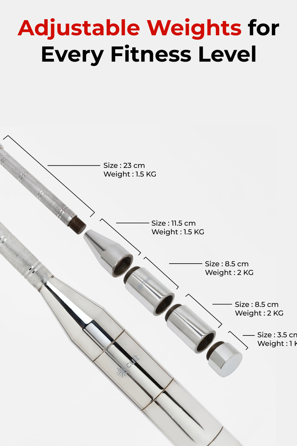 Cult 6-in-1 Adjustable Steel 8KG Mudgar for Full Body Training | Silver Indian Clubs (8 kg)