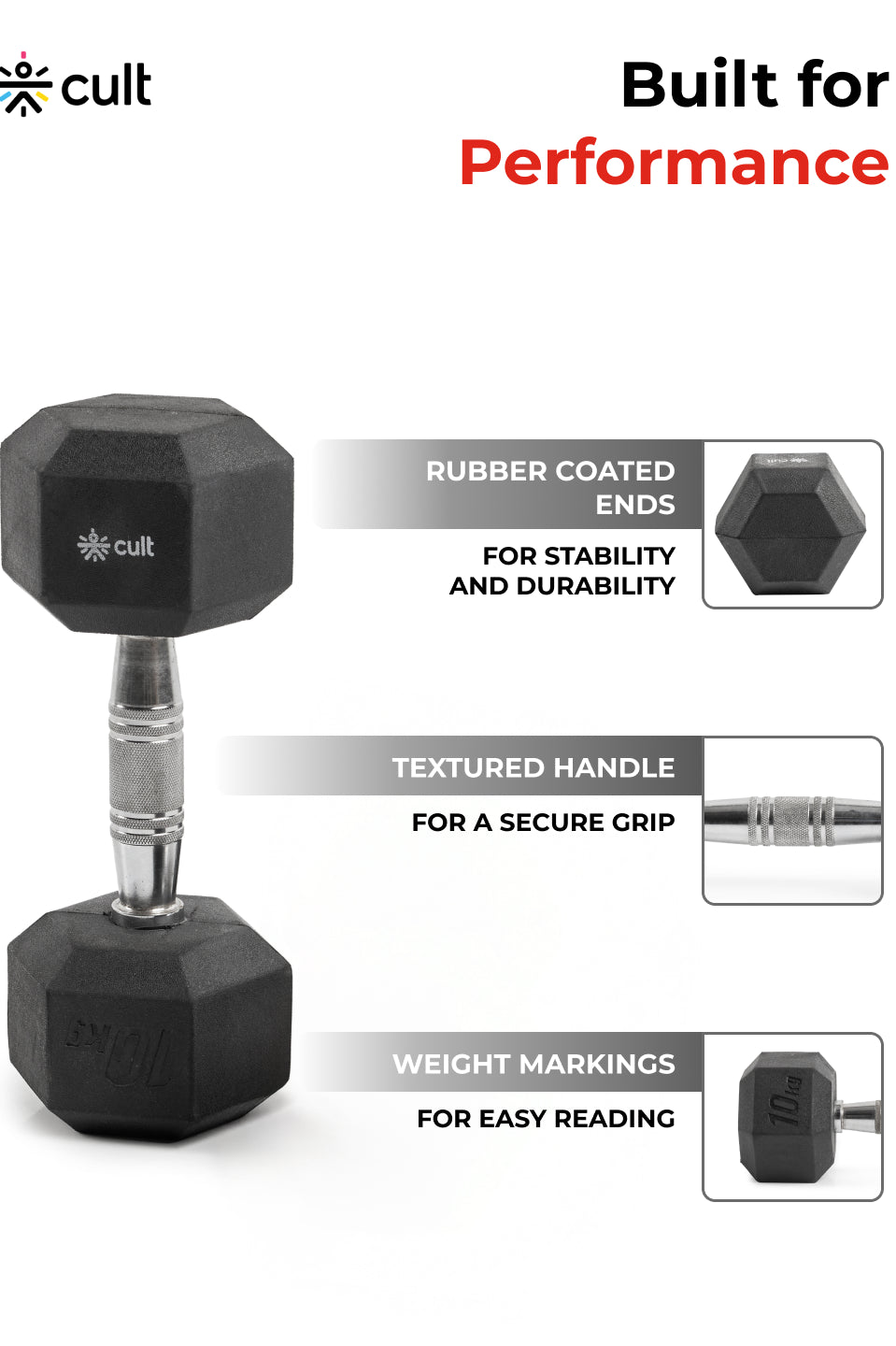 Cult 10Kg Hex Dumbbells For Home & Gym Exercises, Set of 2, (Black)