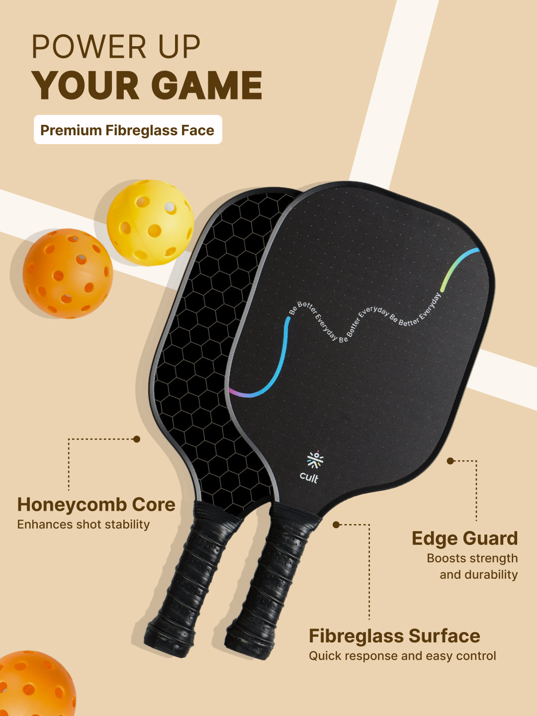 Pickle Ball Unisex Tough Fibreglass Material – Lightweight & Durable Cushion Comfort Handle Grip Includes 2 Paddles (Black), 2 Indoor Balls (Yellow), 2 Outdoor Balls (Orange) & Bag