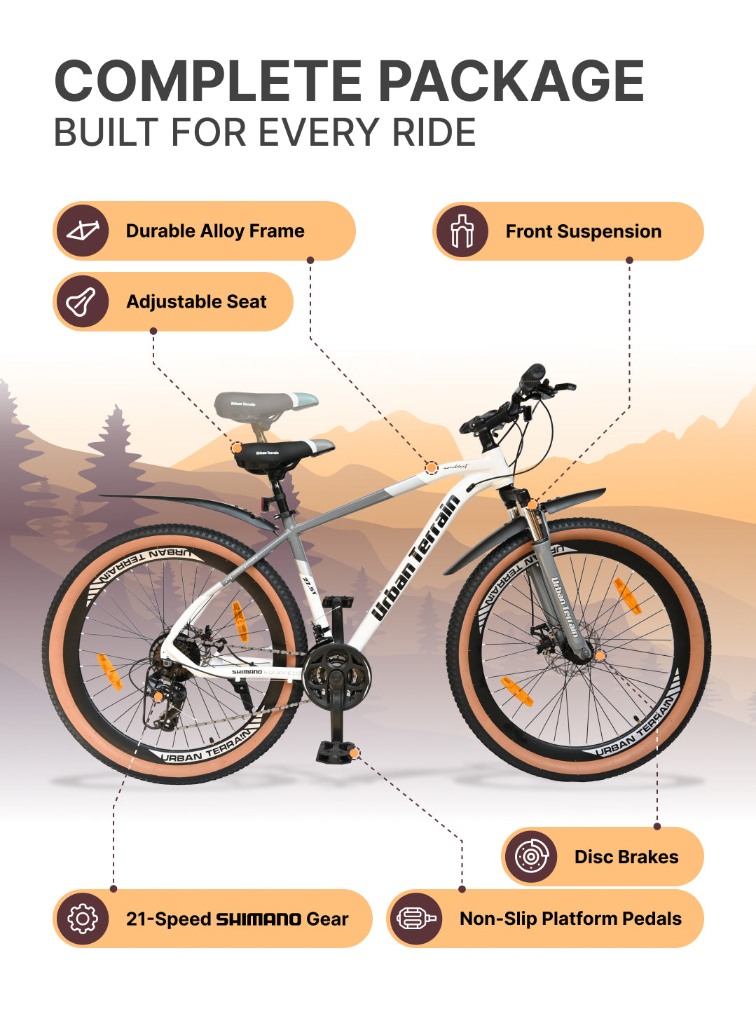 Aeroblast Mountain Bike Alloy Frame 21 Speed Cycle 27.5 inch With Front Suspension, Triple Wall Rim and Dual Disc Brakes, Ideal For 5.2 ft to 6 ft, 15+ Years, Unisex (WhiteGrey)