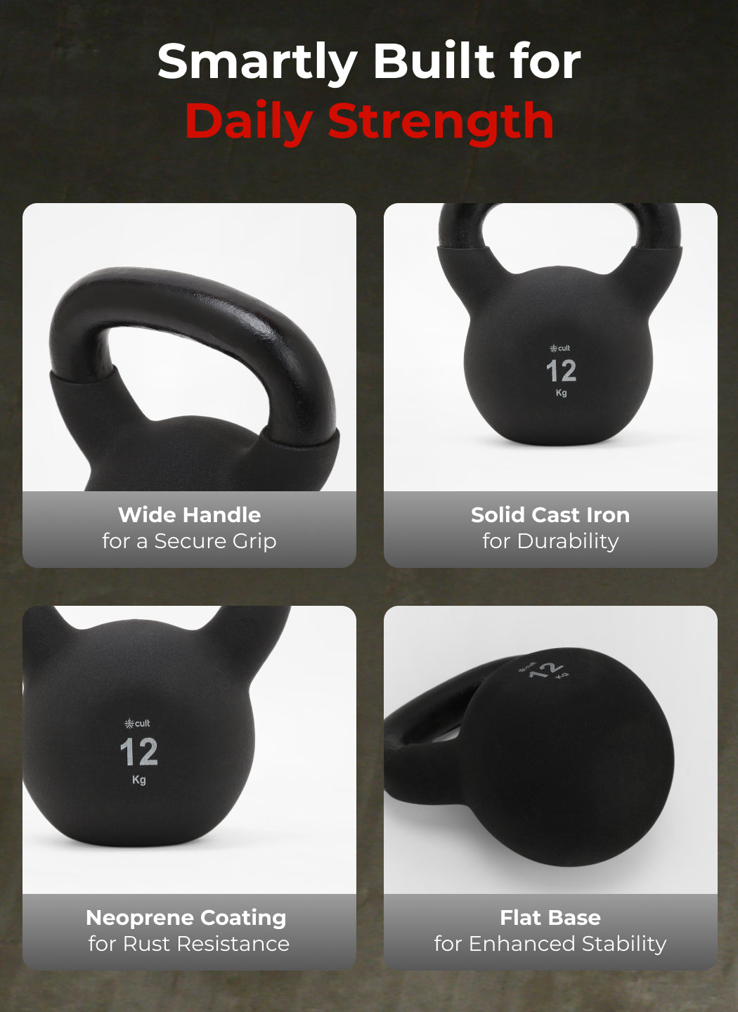 Cult 12kg Neoprene Anti-Slip Grip Kettlebell for Home Workout - Black