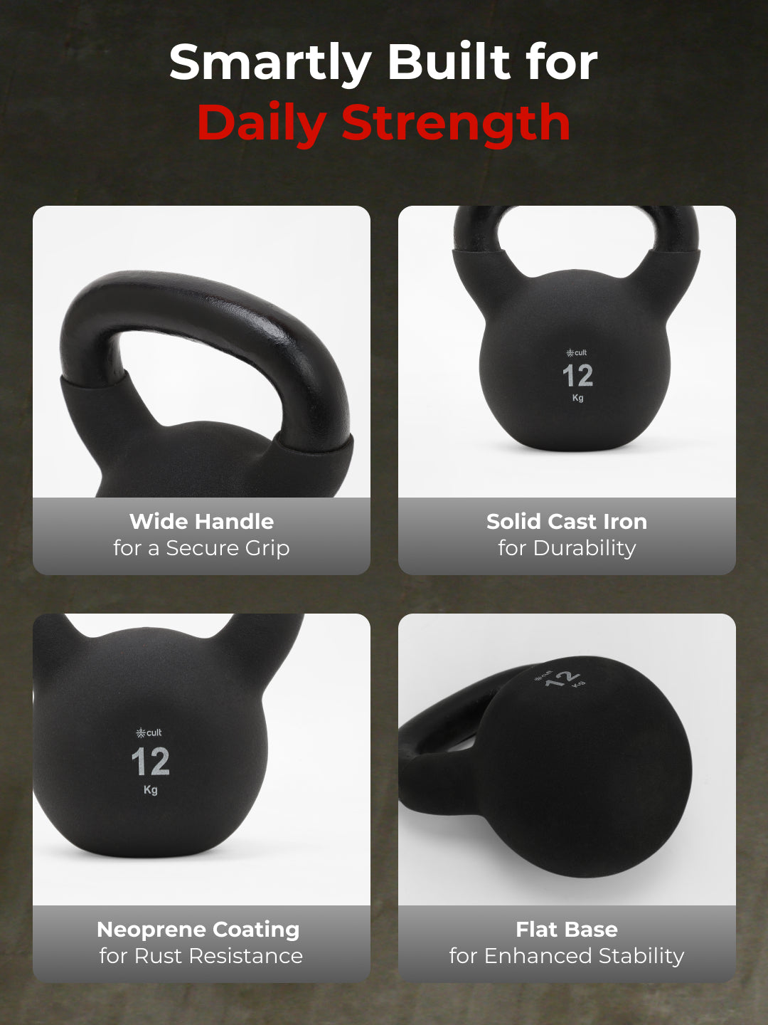Cult 12kg Neoprene Anti-Slip Grip Kettlebell for Home Workout - Black