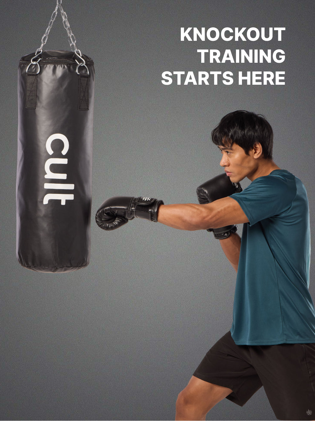 cult Punching Bag Combo for Men & Women 3ft Heavy Bag with Hand Wraps Reinforced Stitching Durable Construction Hanging Chain Unfilled Easy to Install Black