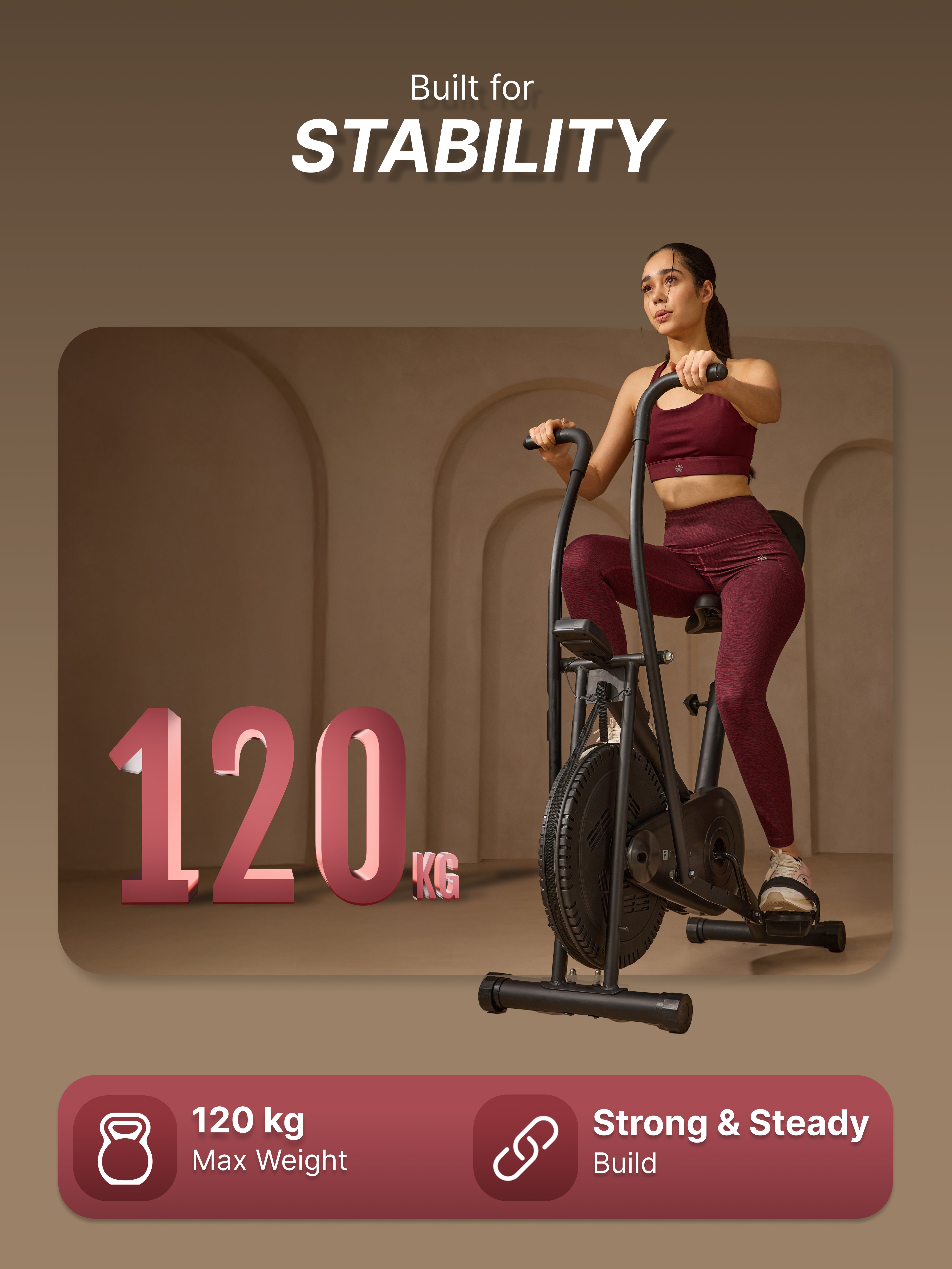 Fitkit Dual Action 2-in-1 Air Bike | Moving & Fixed Handles Exercise Cycle | Adjustable Seat & Anti-Slip Pedals | Direct Resistance | 120 kg Max Weight | Home Use Exercise Bike