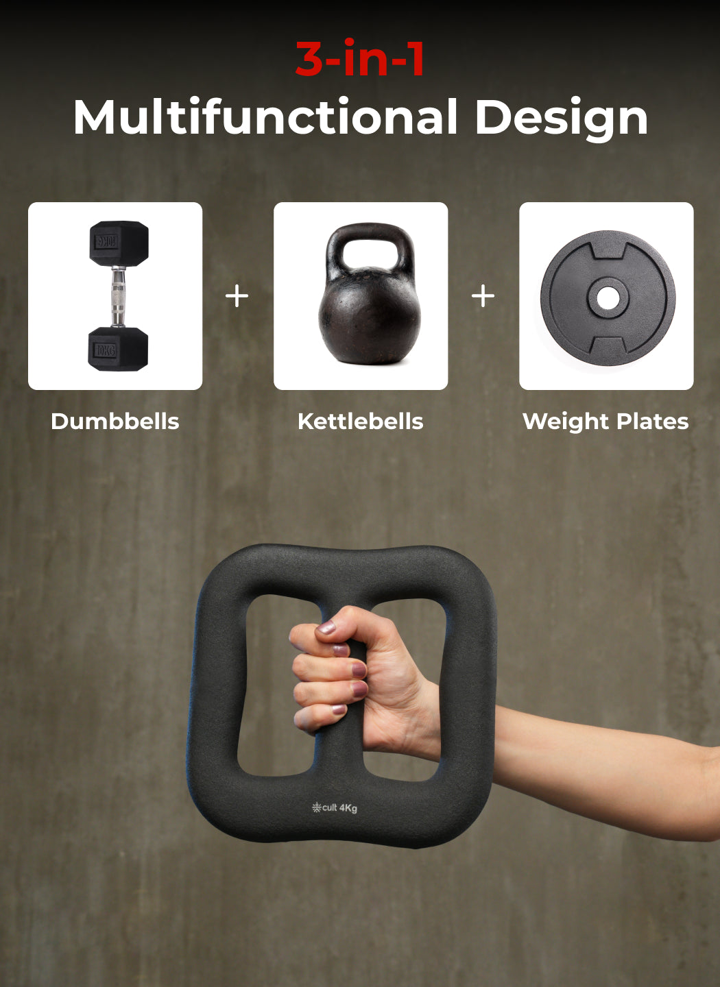 Cult MultiFlex 4KG 3-in-1 Neoprene Coated Weight | Use as Kettlebell, Dumbbell & Weight Plate | Ideal for Full Body Workouts