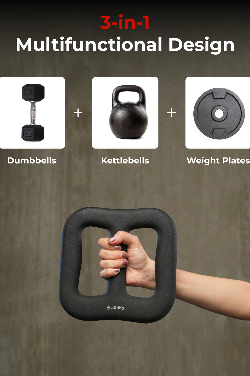 Cult MultiFlex 4KG 3-in-1 Neoprene Coated Weight | Use as Kettlebell, Dumbbell & Weight Plate | Ideal for Full Body Workouts