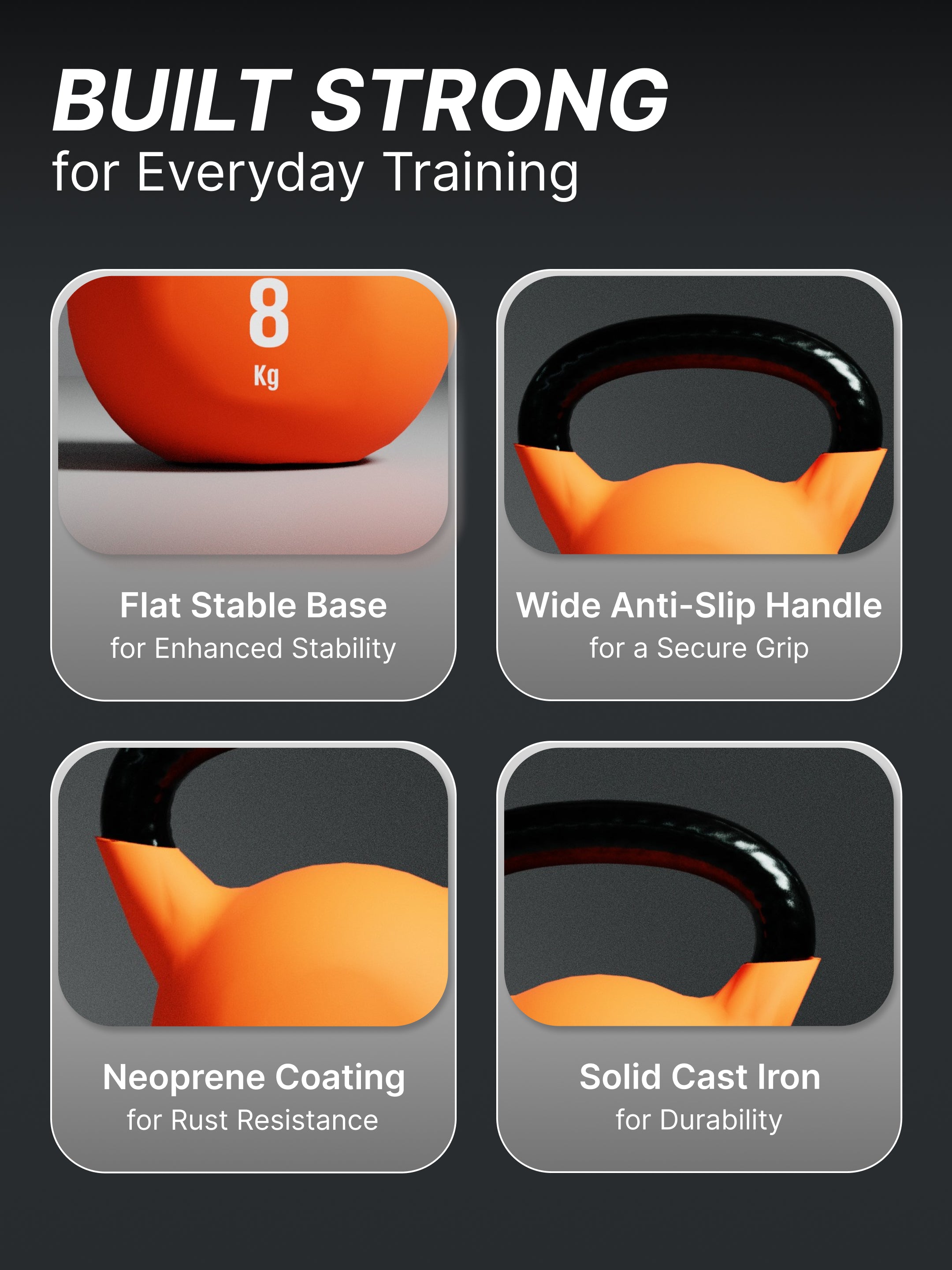 Cult 8kg Neoprene Anti-Slip Grip Colored Kettlebell for Home Workout - Orange