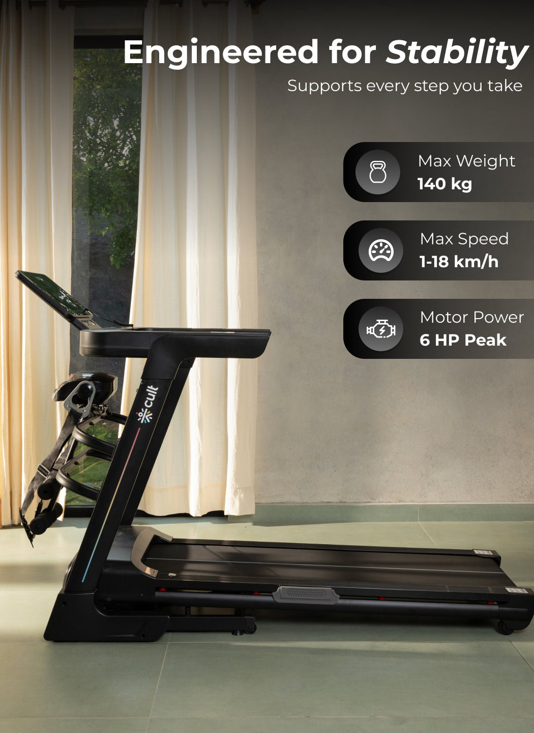 Cult SmartStrideSprint BLDC Motor (6HP Peak) Treadmill with Massager | Max Weight: 140kg | 15 Level Auto Incline (with 6 Months extended warranty)