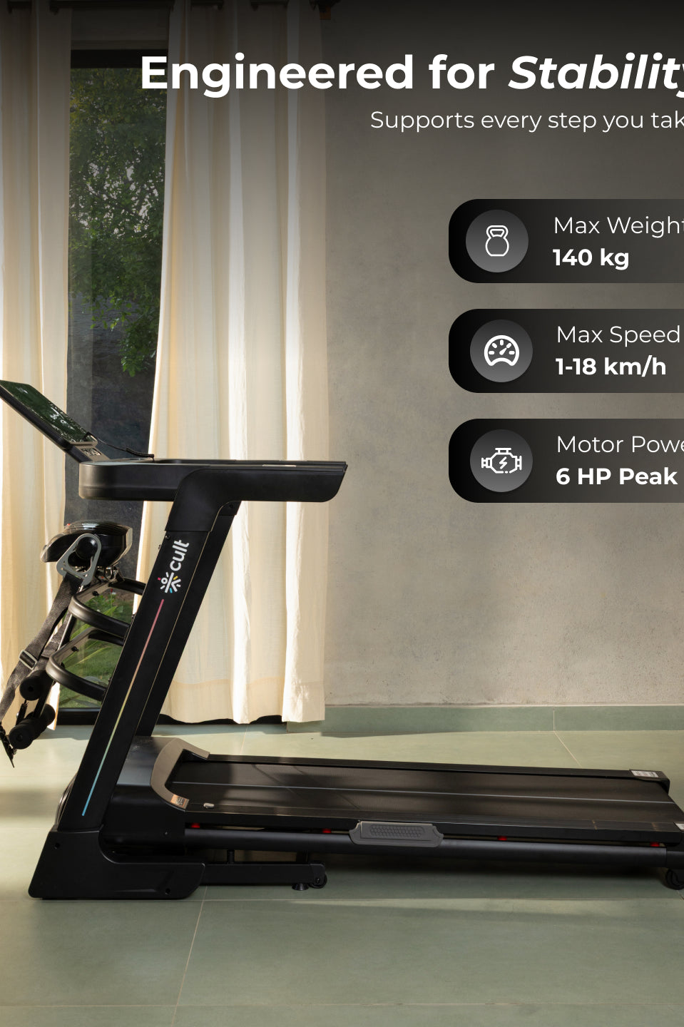 Cult SmartStrideSprint BLDC Motor (6HP Peak) Treadmill with Massager | Max Weight: 140kg | 15 Level Auto Incline (with 6 Months extended warranty)