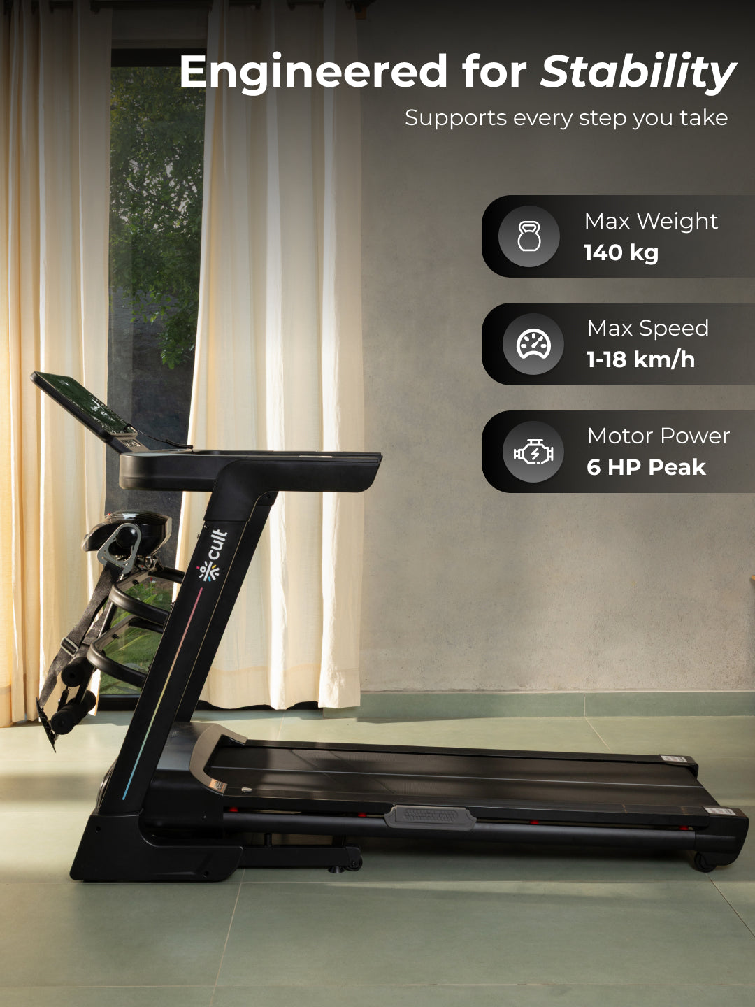Cult SmartStrideSprint BLDC Motor (6HP Peak) Treadmill with Massager | Max Weight: 140kg | 15 Level Auto Incline (with 6 Months extended warranty)