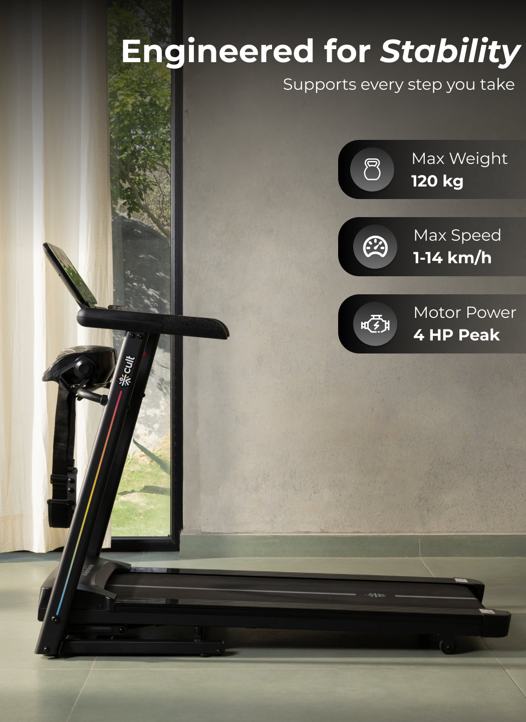 Cult SmartStrideCorePlus BLDC Motor (4HP Peak) Treadmill with Massager | Max Weight: 120kg | 15 Level Auto Incline (with 6 months extended warranty)