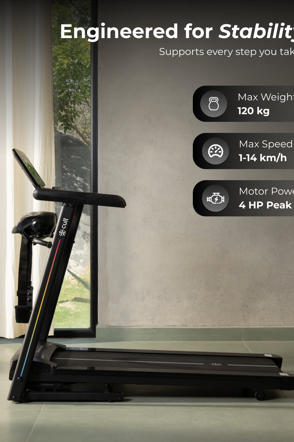 Cult SmartStrideCorePlus BLDC Motor (4HP Peak) Treadmill with Massager | Max Weight: 120kg | 15 Level Auto Incline (with 6 months extended warranty)