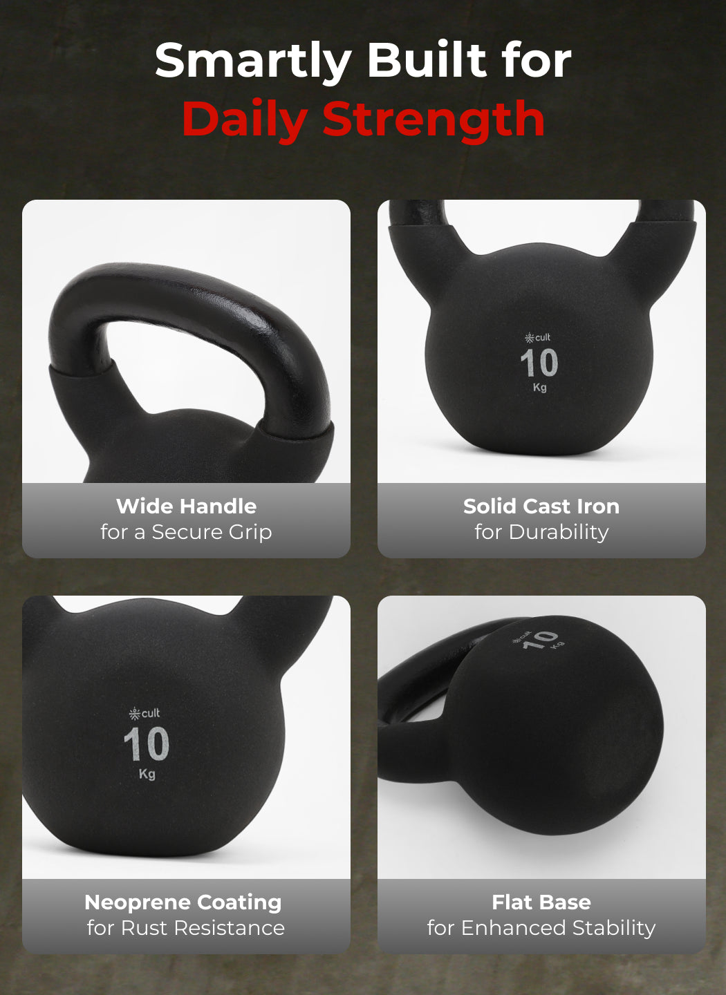 Cult 10kg Neoprene Anti-Slip Grip Kettlebell for Home Workout - Black