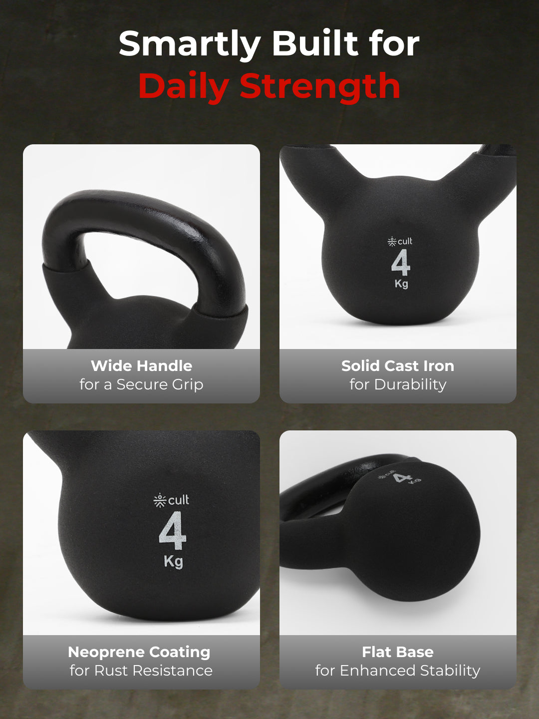 Cult 4kg Neoprene Anti-Slip Grip Kettlebell for Home Workout - Black