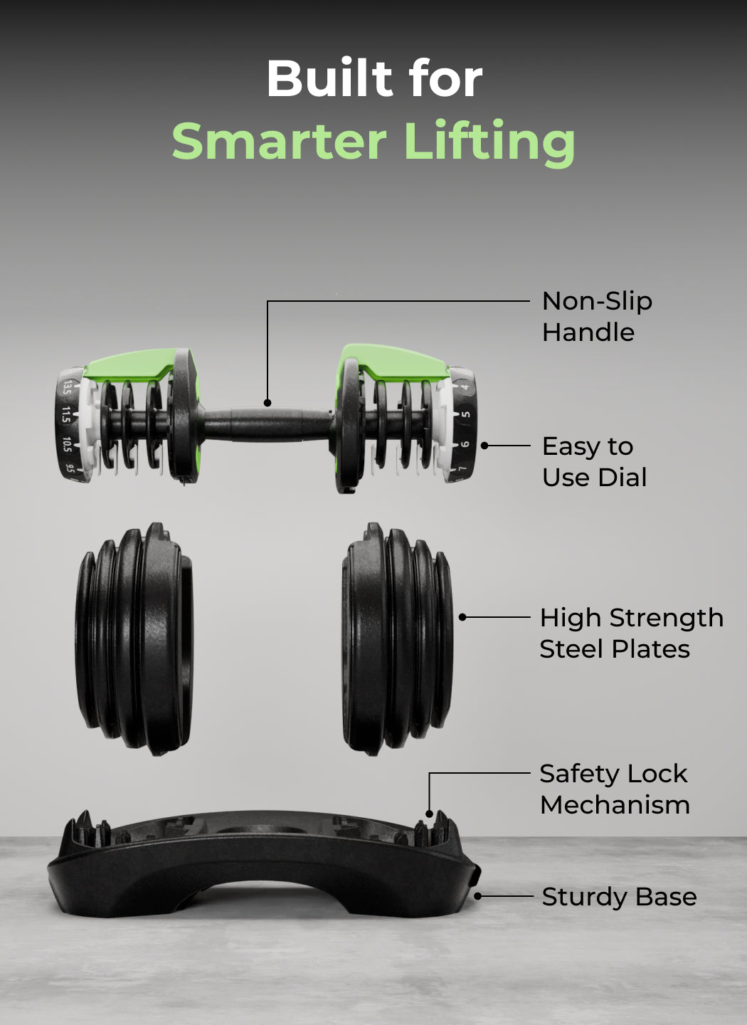 Cult 16kg Adjustable Dumbbell | 12 Weight Options (1.5kg-16kg) | Quick Weight Adjustment Dial | Non-Slip Compact Home Gym Dumbbell - Black