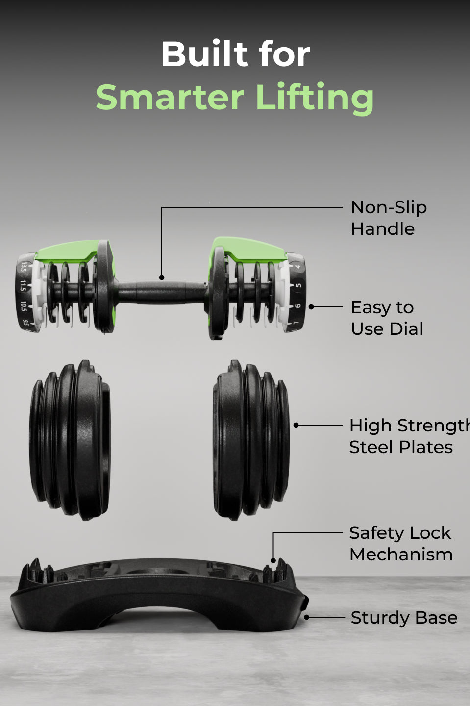 Cult 16kg Adjustable Dumbbell | 12 Weight Options (1.5kg-16kg) | Quick Weight Adjustment Dial | Non-Slip Compact Home Gym Dumbbell - Black