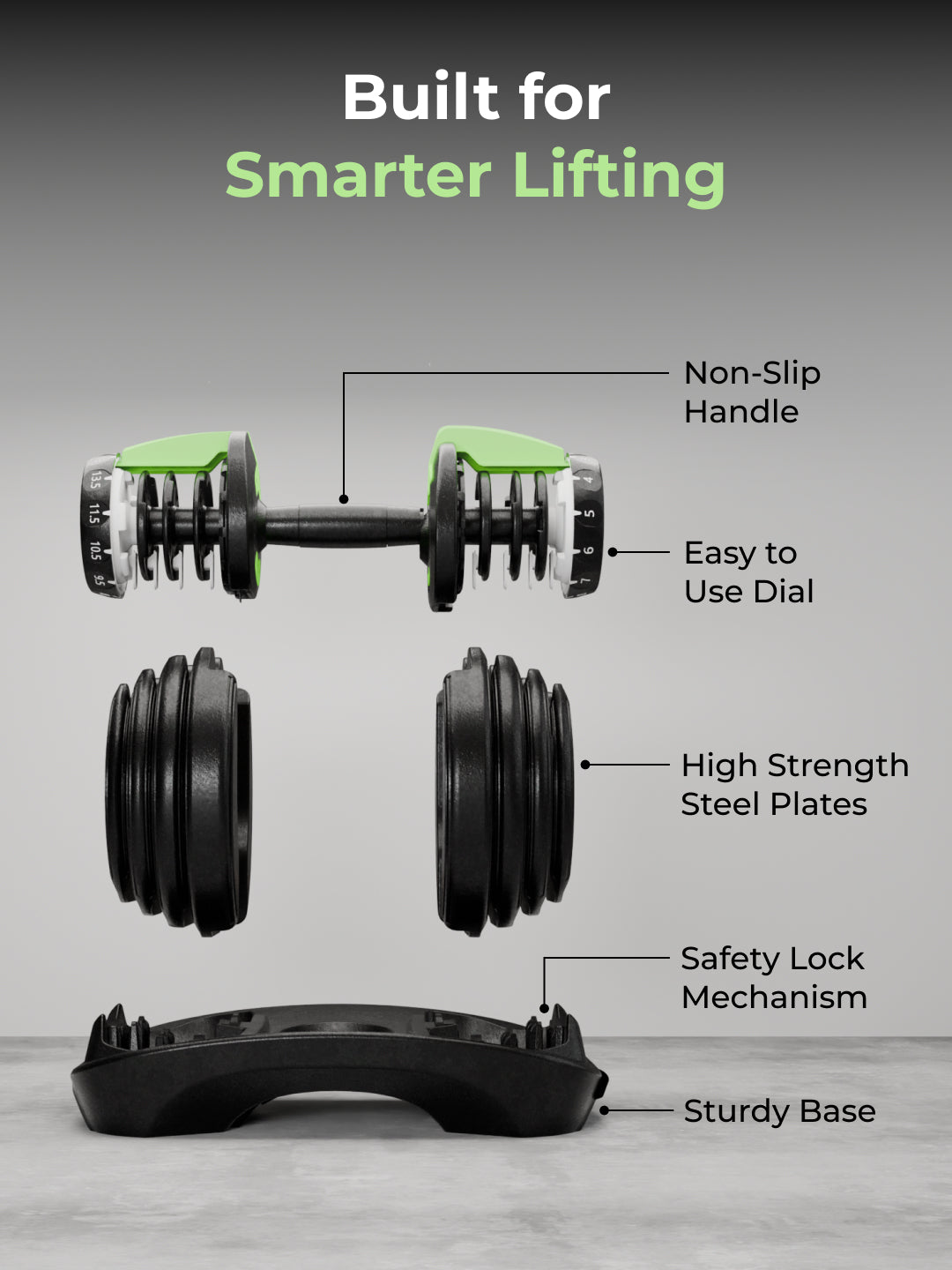 Cult 16kg Adjustable Dumbbell | 12 Weight Options (1.5kg-16kg) | Quick Weight Adjustment Dial | Non-Slip Compact Home Gym Dumbbell - Black
