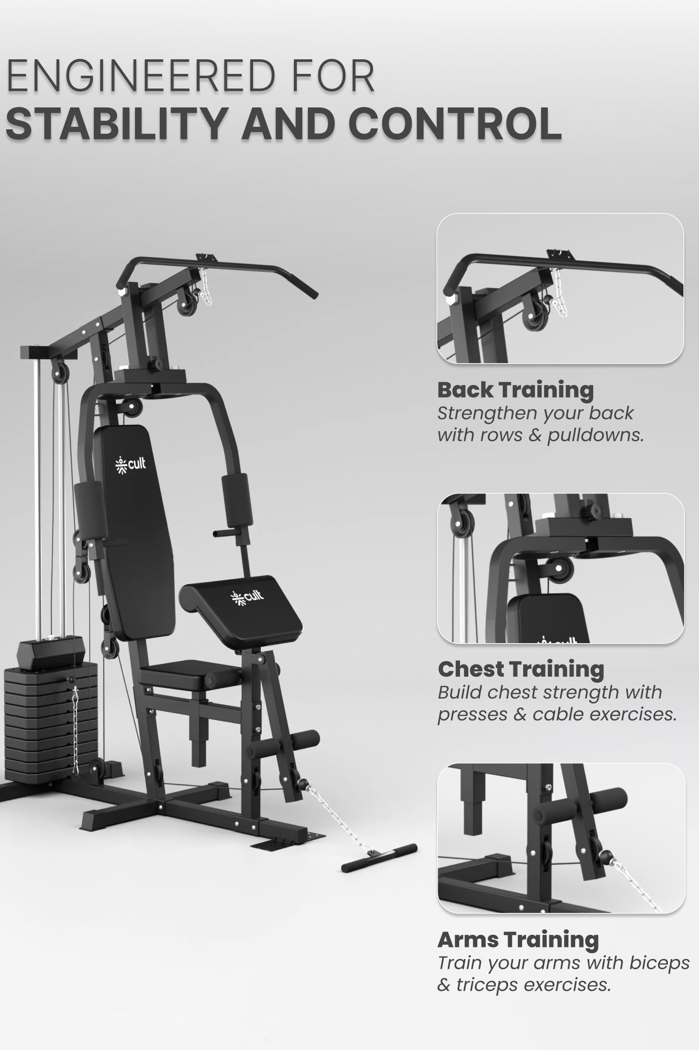 Cult Home Strength Multi Gym Machine | 45 kg Weight Stack | Multi Exercises | High, Mid & Low Pulley | Adjustable Seat | All-in-One Home Gym Equipment for Full Body Strength Training