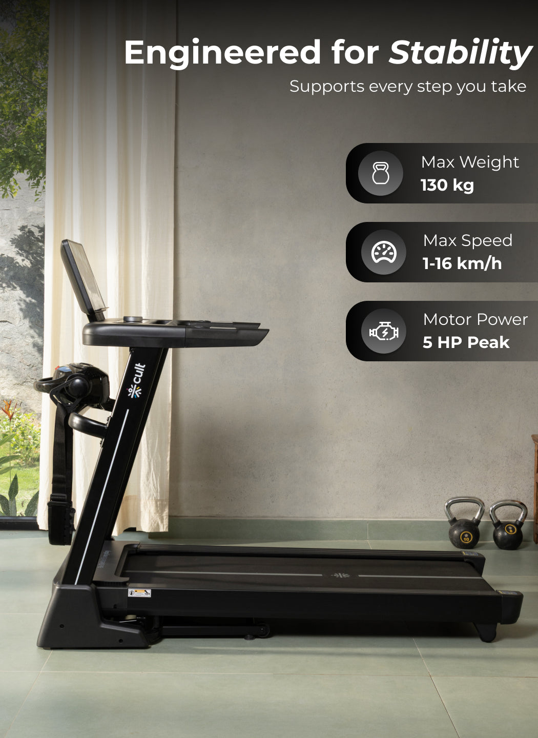 Cult SmartStrideActive BLDC Motor (5HP Peak) Treadmill with Massager | Max Weight: 130kg | 15 Level Auto Incline (with 6 Months extended warranty)