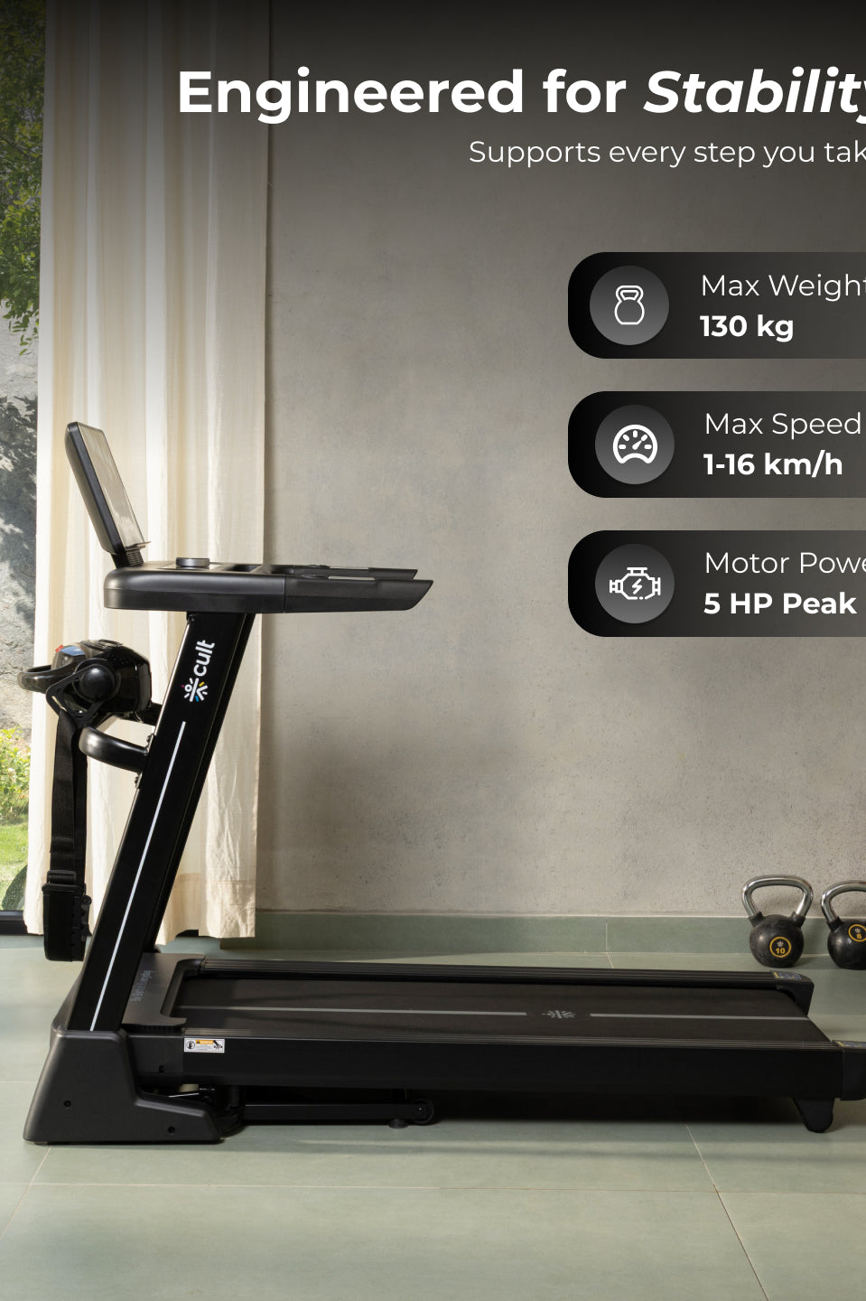 Cult SmartStrideActive BLDC Motor (5HP Peak) Treadmill with Massager | Max Weight: 130kg | 15 Level Auto Incline (with 6 Months extended warranty)