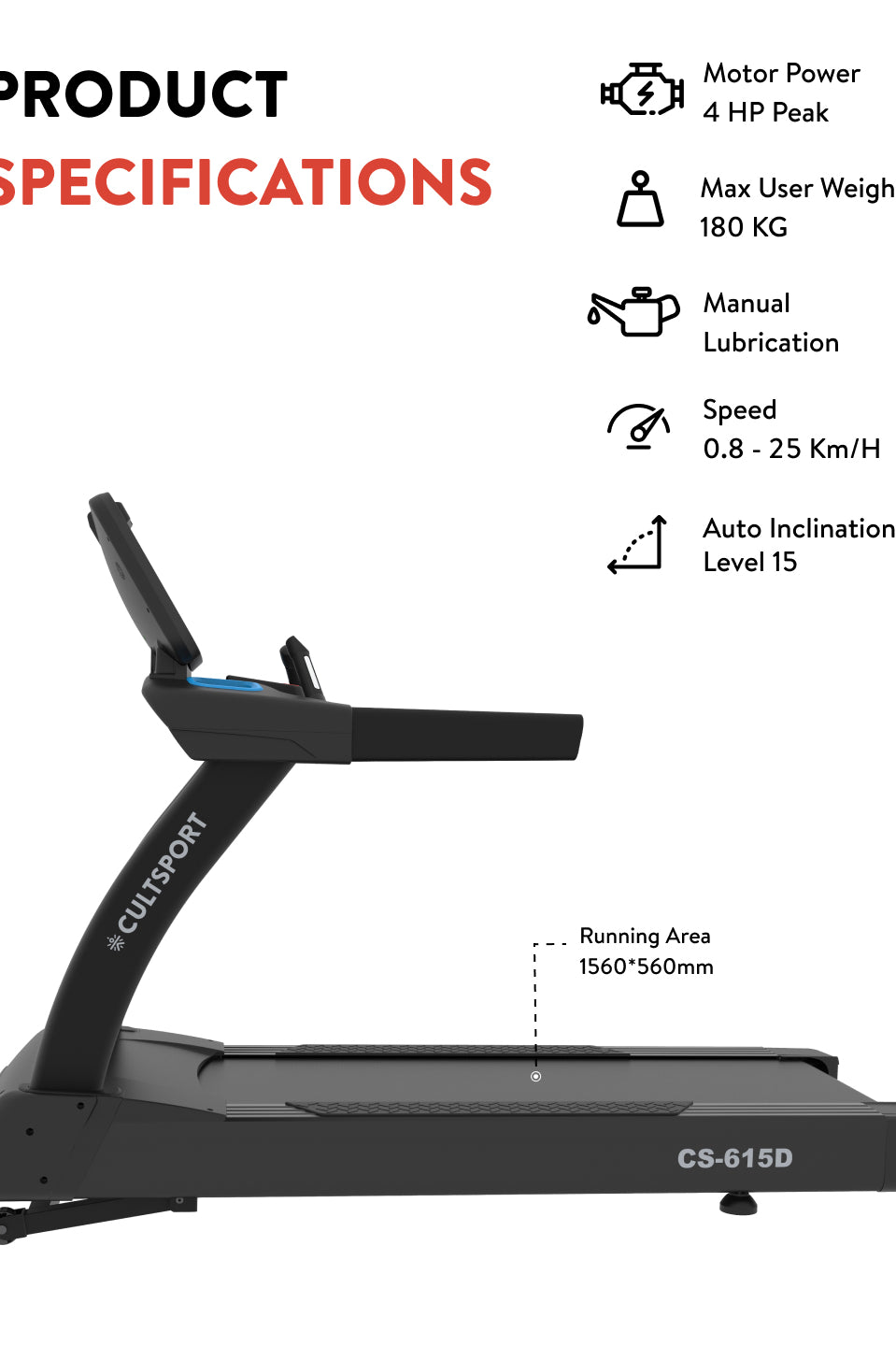 Cult OptiRun Prime CS615D Treadmill | 4HP Motor Power | Max Weight Support: 180Kg | Max Speed - 20kmph (with 6 months extended warranty)