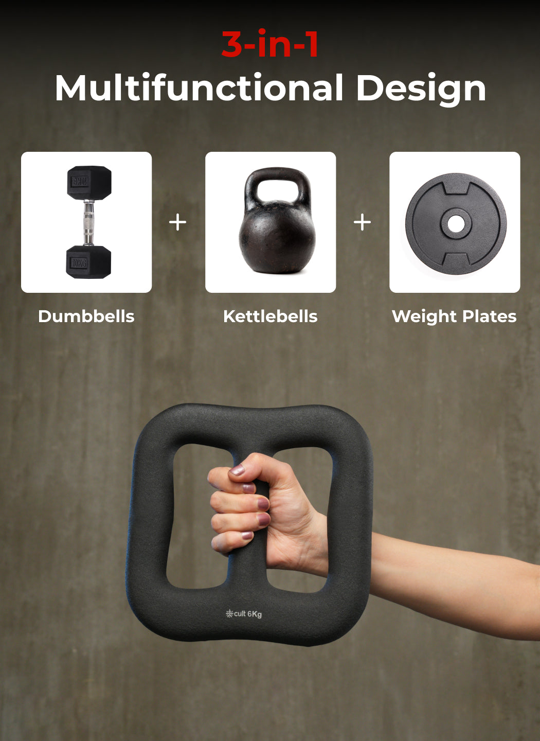 Cult MultiFlex 6KG 3-in-1 Neoprene Coated Weight | Use as Kettlebell, Dumbbell & Weight Plate | Ideal for Full Body Workouts