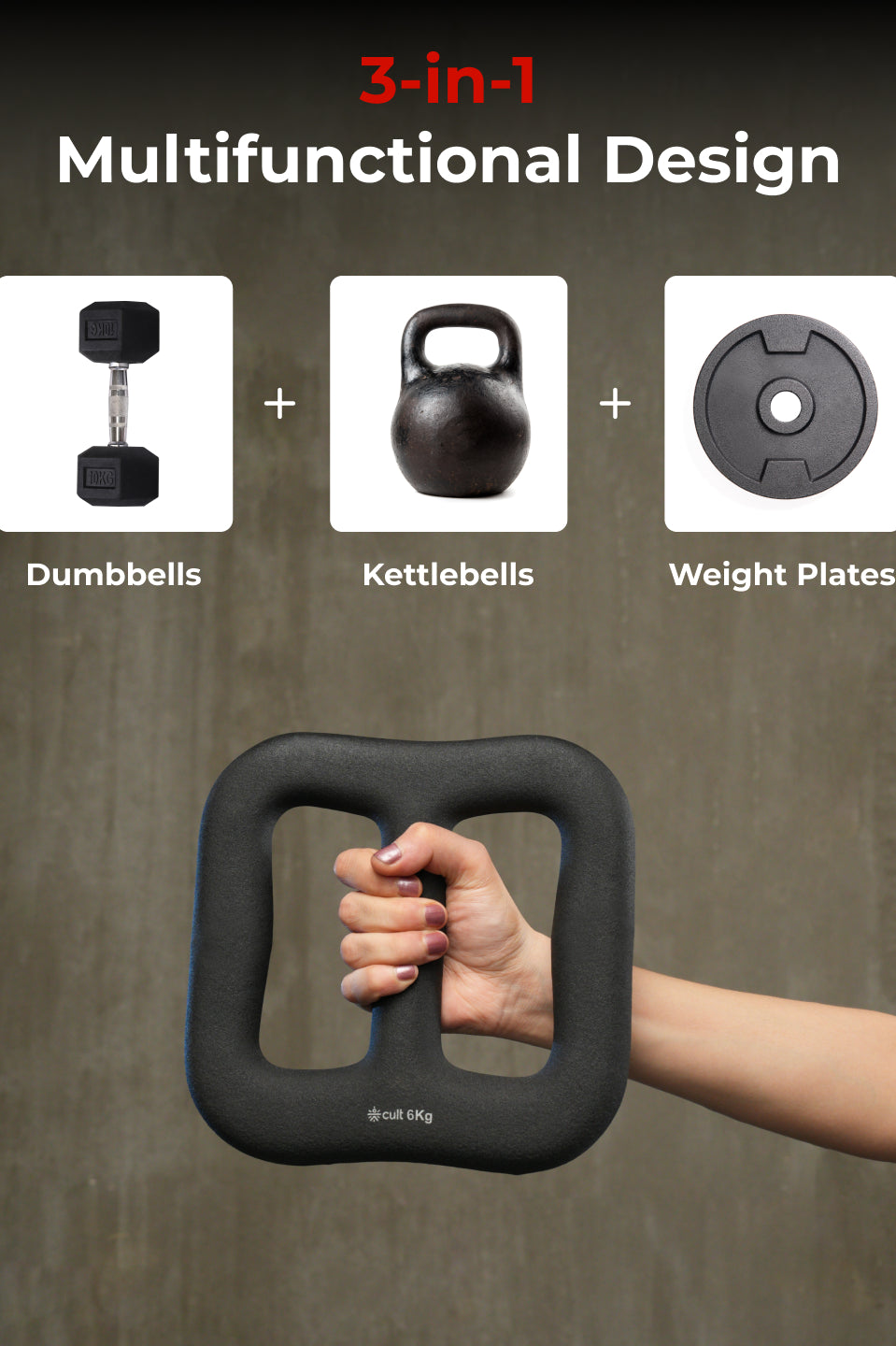 Cult MultiFlex 6KG 3-in-1 Neoprene Coated Weight | Use as Kettlebell, Dumbbell & Weight Plate | Ideal for Full Body Workouts