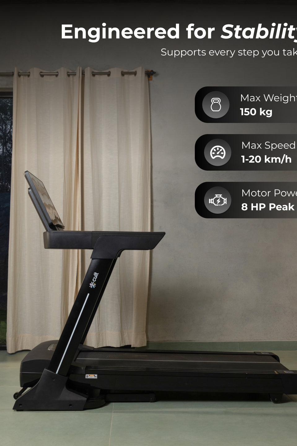 Cult SmartStrideElite Brushless BLDC-AC Motor (8HP Peak) Treadmill | Max Weight: 150kg | 20 Level Auto Incline (with 6 months extended warranty)