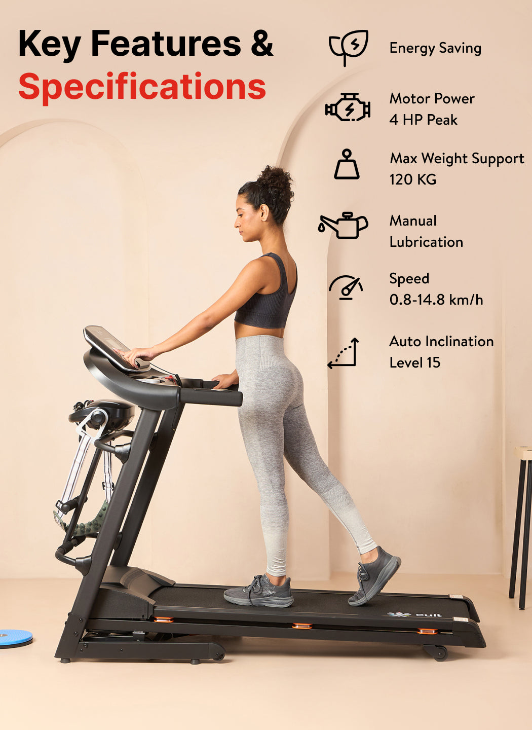 Cultrun M4 4HP Peak Treadmill | 15-level Auto-Incline & Massager | Max Weight-120kg | Max Speed-14.8kmph (with 6 Months Extended Warranty)