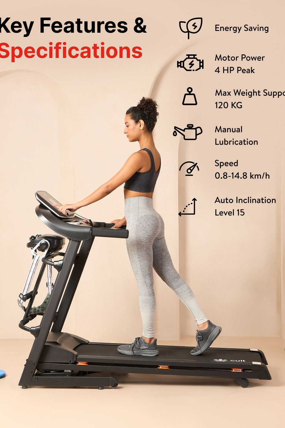 Cultrun M4 4HP Peak Treadmill | 15-level Auto-Incline & Massager | Max Weight-120kg | Max Speed-14.8kmph (with 6 Months Extended Warranty)